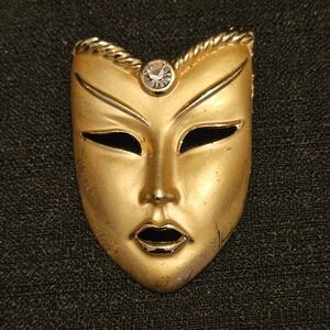 Vintage Gold-tone Mask Brooch Pin with a Rhinestone